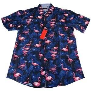 BC Collection Mens Navy Flamingo Palm Leaf Short Sleeve Button Down Shirt L NWT